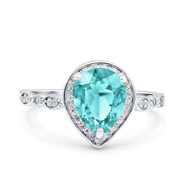 Teardrop Pear Art Deco Wedding Ring Simulated Paraiba Tourmaline CZ 925 Sterling Silver